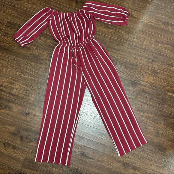 HAUTE MONDE MAROON BURGUNDY WINE AND WHITE STRIPED ROMPER elastic waist - Picture 1 of 8